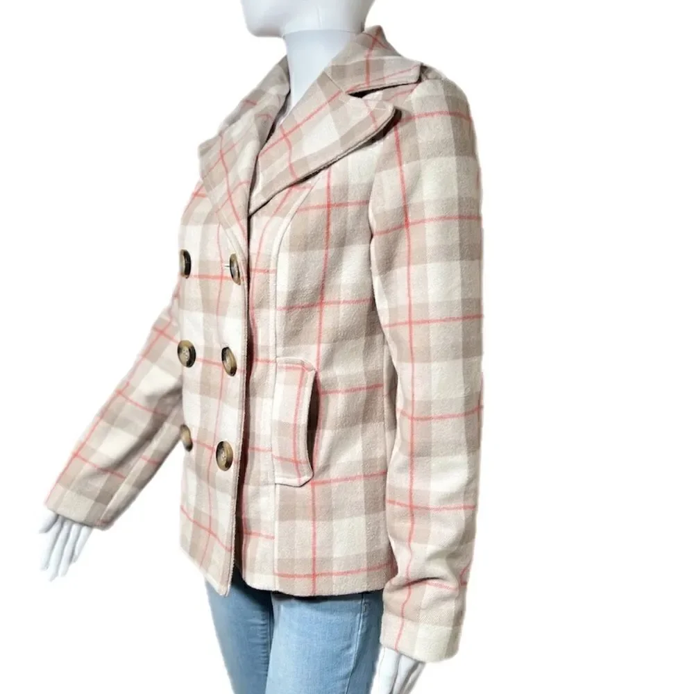 Pink & Beige Plaid Double Breasted Silk Lined Wool Peacoat NWOT